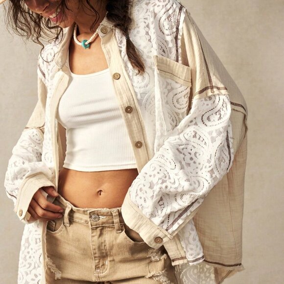 Multicolor Casual Women's Woven Contrast Lace Loose Lapel Front Open Blouse - Picture 6 of 7